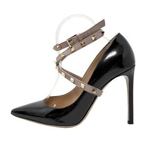 Valentino Garavani Rockstud Black Patent Leather Ankle Strap Pumps 39.5